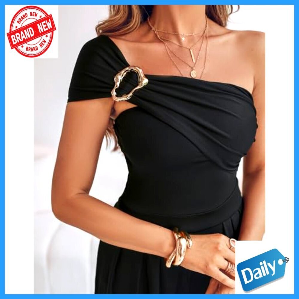 One Shoulder Jumpsuit Ruched Waist Wide Leg Elegant Party Wear Stretchy Fabric - Picture 4 of 7